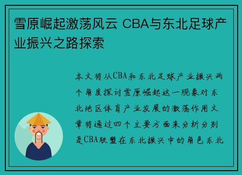雪原崛起激荡风云 CBA与东北足球产业振兴之路探索